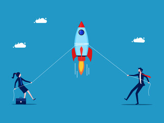 Innovation competition. Business men and women helping to pull a rocket. vector illustration