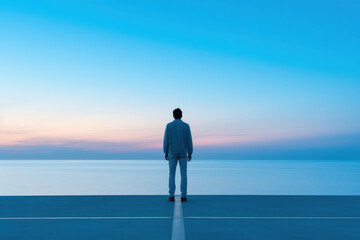 Man in causal clothes standing on empty road against calm sea at sunrise decision making concept