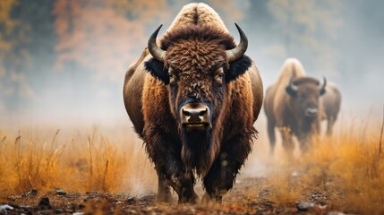 the bison comes out of the fog