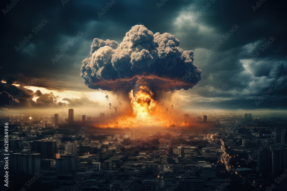 Poster catastrophic nuclear blast obliterates megacity in fatal war. a horrifying scene of devastation.
