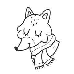 Fox doodle. A fox with a scarf in a linear style. isolated illustration on a white background.