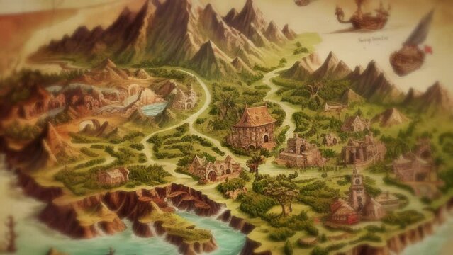 drawing of an ancient treasure map for a fantasy adventure with mountains, houses, cities, roads and pirate ships - tour animation of an island manuscriptvintage illustration