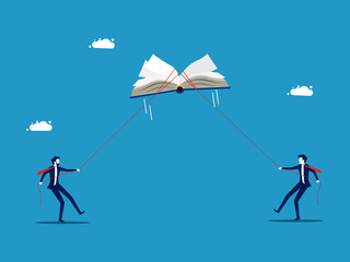 Business knowledge. Businessmen competing to pull books vector