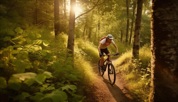 fitness woman bicycle summer bike walking cycling dark sunset forest sport. Generative AI.
