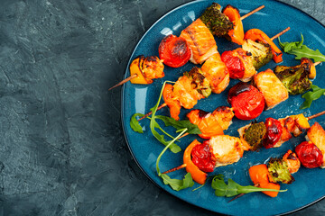 Seafood skewers with vegetable.