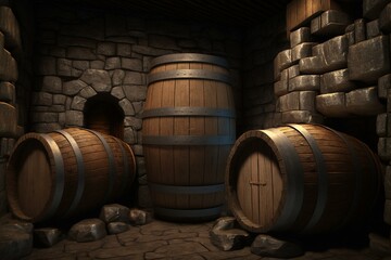 Stacked oak casks in dark cellar with stone walls. 3D model. Generative AI