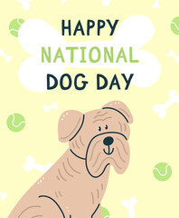 Happy national dog day greeting card design. A sharpey dog with balls in a cartoon style. cartoon illustration.