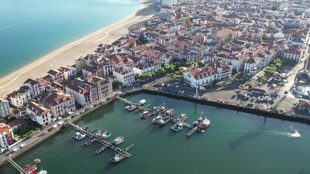 Aerial fly over above the french village of Bayonne during summer