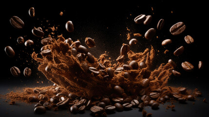 Roasted coffee beans fall on a pile of beans. - obrazy, fototapety, plakaty