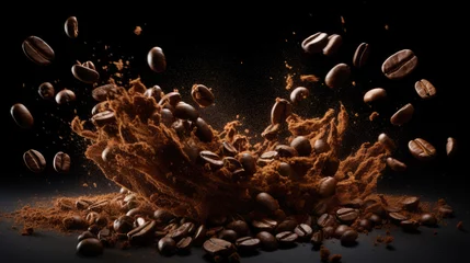 Foto op Plexiglas Roasted coffee beans fall on a pile of beans. © MP Studio