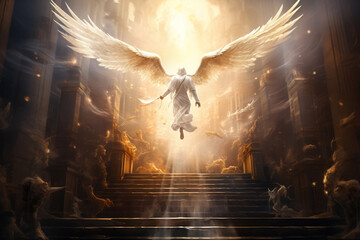 Heaven's Entrance: Soul Ascending as Angel Herald Blows Trumpet - obrazy, fototapety, plakaty