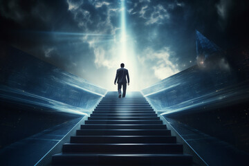 Ambitious businessman climbing the stairs to success. concept of career path success, future planning and business competitions. High quality photo