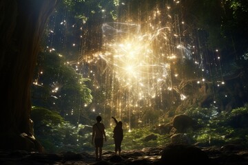 Photograph of people exploring enchanted forests in the midst of exuberant nature, awakening the connection with nature and inner serenity, Generative AI