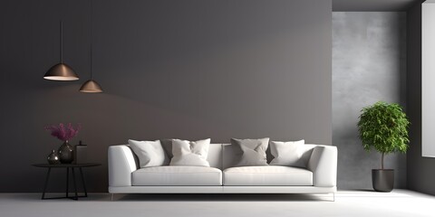 Beautiful modern white sofa in the interior against a gray wall