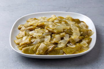 Traditional delicious Turkish food; bean pickle roast. Plate of pickle roasting (tursu kavurma) in the Black Sea region of Turkey. Turkish name; tursu kavurma or fasulye tursusu