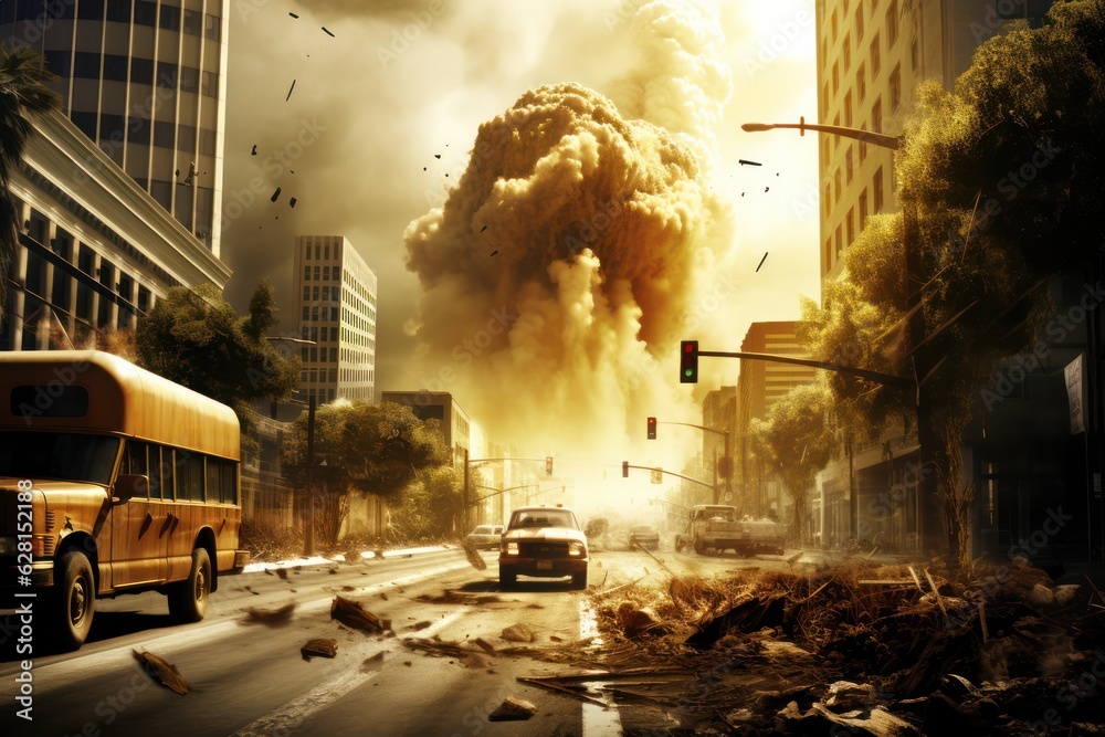 Poster tragic nuclear explosion engulfs metropolis in fatal war. a heart-wrenching scene of annihilation.
