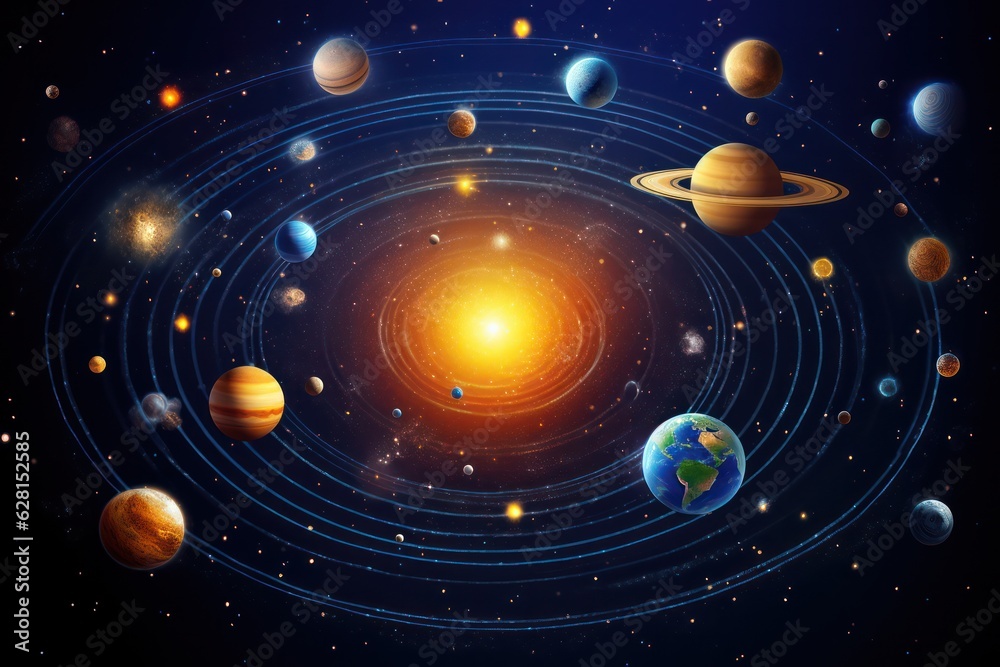 Poster alternative solar system with planets revolving around star along orbits in space darkness