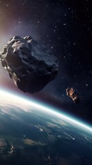 Cosmic adventure: Asteroids glide through dark, open space, planet earth