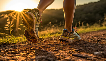 Camminare. Correre. Piedi visti da dietro. Ai generated.