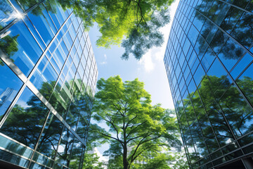 Eco-friendly building in the modern city. Sustainable glass office building with tree for reducing carbon dioxide. Office building with green environment. Corporate building reduce CO2. - Powered by Adobe