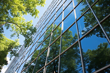 Fototapeta na wymiar Eco-friendly building in the modern city. Sustainable glass office building with tree for reducing carbon dioxide. Office building with green environment. Corporate building reduce CO2.