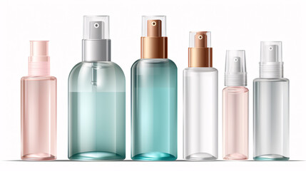 Empty cosmetic bottles with dispensers on a clear white background, isolated object, suitable for design purposes. Multicolor.