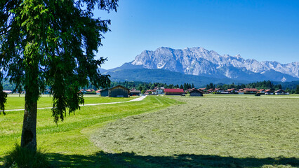 Fototapeta premium Auf dem Panoramaweg von Krün über die Buckelwiesen nach Mittenwald mit Blick auf das Karwendelgebirge