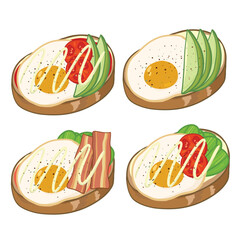 Set of delicious Open sandwich, filled with vegetables, meat, bacon. Vector in cartoon style