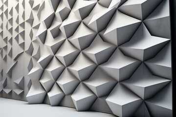 3D futuristic concrete wall made of diamond-shaped semigloss tiles. Generative AI