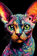 Naklejka premium Devon Rex Sphynx cat psychedelic look. Generative AI