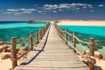 A wooden pier leading to crystal clear azure waters and a white sandy beach. A paradise coastline on Giftun Island, Red Sea, Egypt. Generative AI