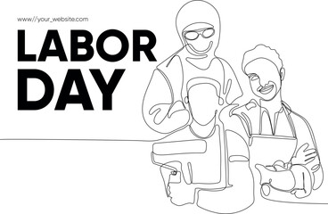 Happy Labour Day simple vector web banner. Set of tools. Lettering Labour Day. Black and white background, banner, poster. Vector illustration