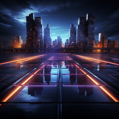 Fototapeta premium Futuristic Sci Fi Abstract Blue And Purple Neon Light Shapes On Black Background MADE OF AI