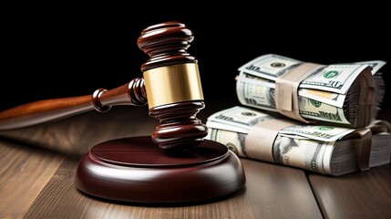 A gavel on a table with stacks of USD cash around it