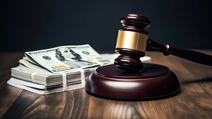 A gavel on a table with stacks of USD cash around it - obrazy, fototapety, plakaty