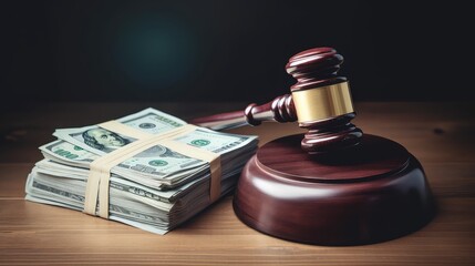 A gavel on a table with stacks of USD cash around it