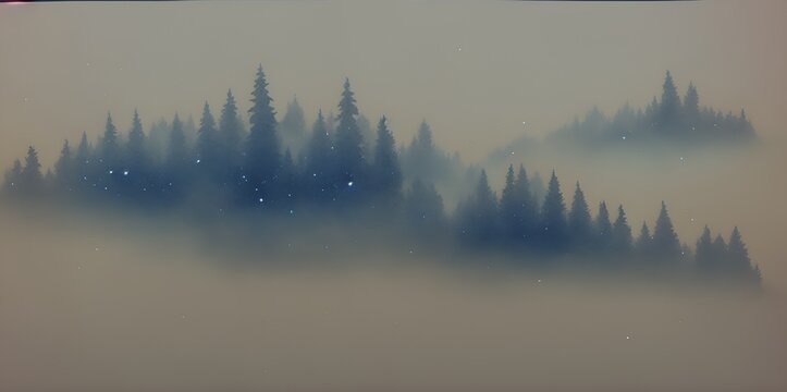 Misty morning in the forest like fairy tele,  beautiful landscape for living room, a mystical vibe illustration. 