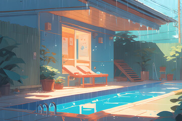 swimming pool on a rainy day