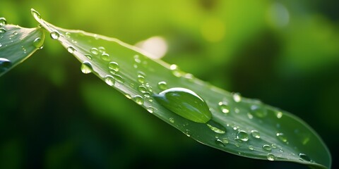 Beautiful water drops sparkle in sun on leaf in sunlight, macro. Big droplet of morning dew outdoor, beautiful round bokeh. Amazing artistic image of purity of nature