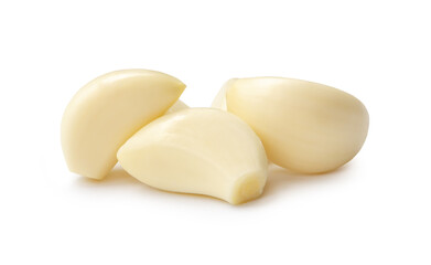 Peeled garlic cloves in stack isolated on white background with clipping path and shadow in png file format
