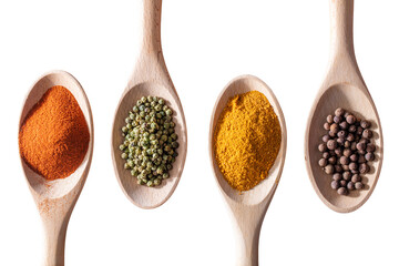 Spoons with spices, herbs and seasonings isolated on transparent white background