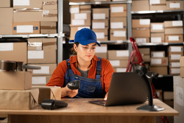 Delivery business. A young woman in a warehouse working with a laptop uses a barcode scanner enters...