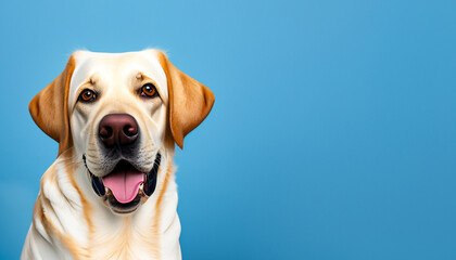 Fototapeta na wymiar Labrador Retriever dog on blue wall background with copy space