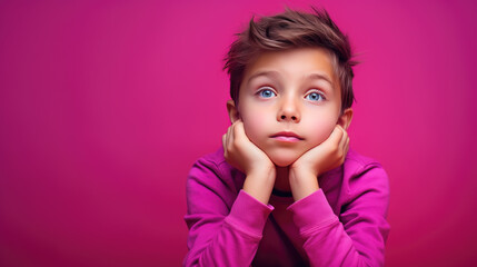 Obraz na płótnie Canvas Thoughtful child on pink background looking away.