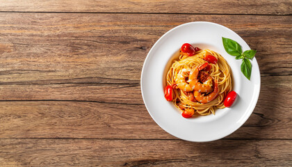Rock Shrimp Pasta With Spicy Tomato Sauce on wooden background with copy space