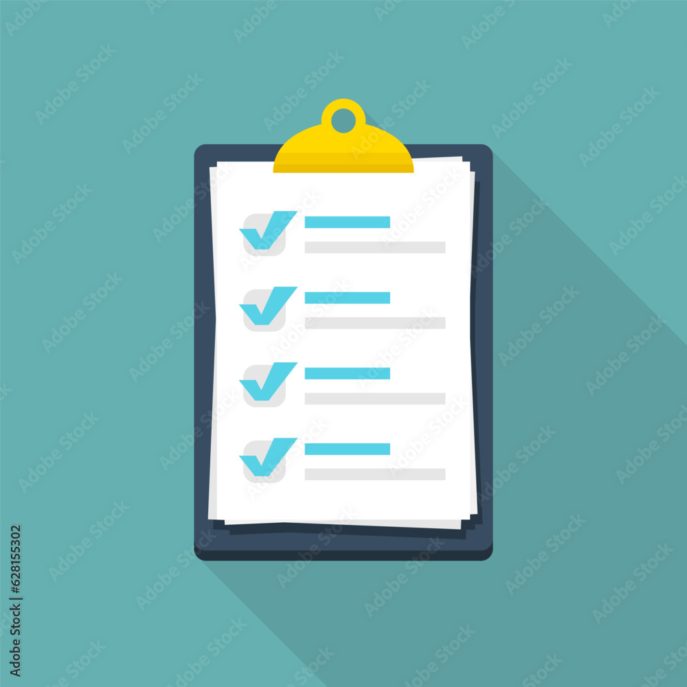 Poster clipboard with checklist paper sheets with shadow in a flat design. checklist document