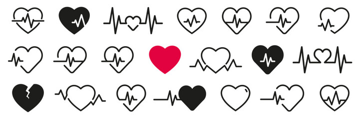 Heartbeat icon collection. Heart, pulse, heartbeat, cardiogram isolated icons