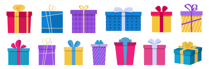 Gift boxes with ribbon and bow in a flat design. Present box, prize, gift for holiday, celebration, party. Vector gift, present boxes