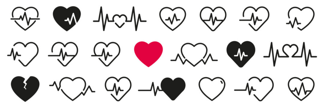 Heartbeat icon collection. Heart, pulse, heartbeat, cardiogram isolated icons