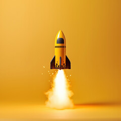 Rocket launch isolated on yellow background, new ideas concept, ai generated